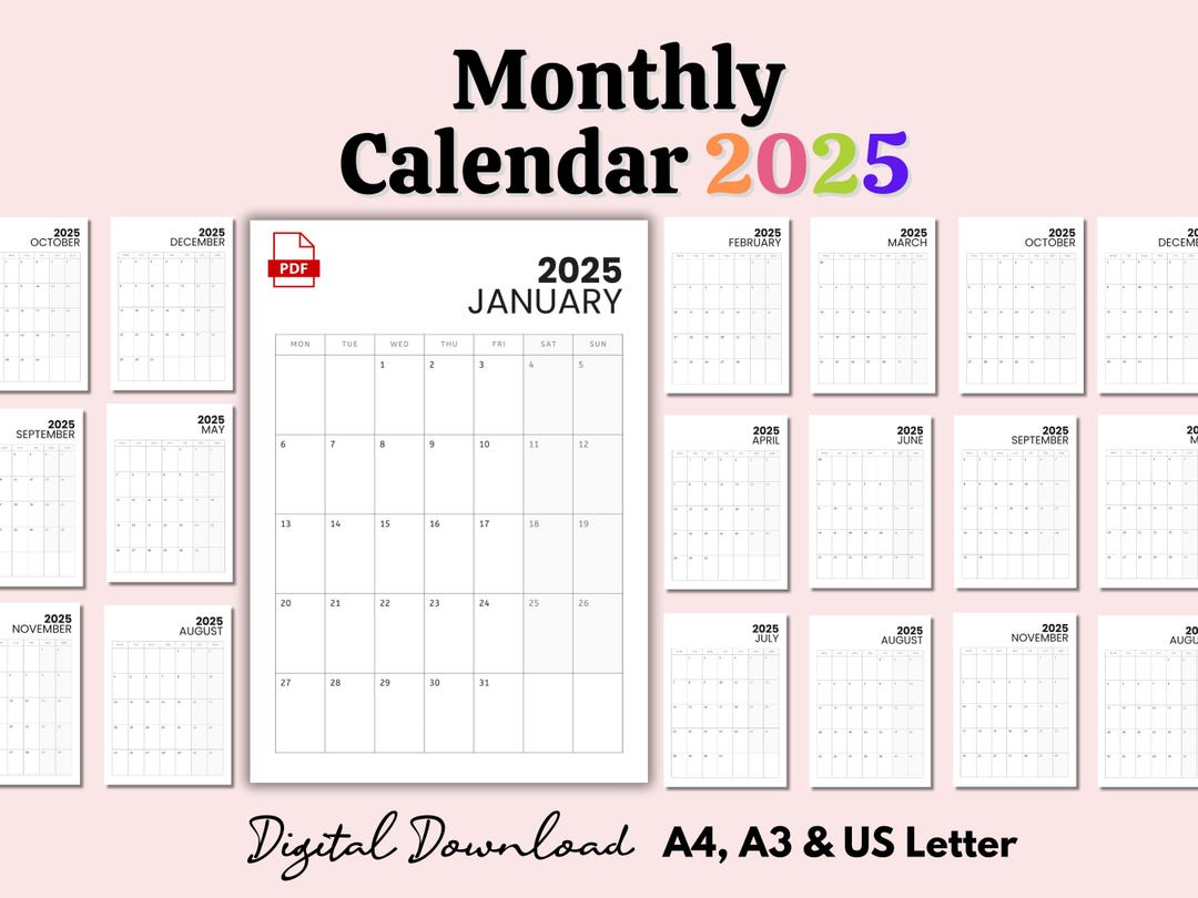 2025 Printable Monthly Calendar A4 A3 US Letter, Digital Download ...