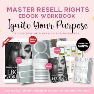 Puede incluir: Una maqueta de producto digital para un libro electrónico de trabajo titulado "Ignite Your Purpose: A Deep Dive Into Passion and Discovery". La portada del libro electrónico presenta el rostro de una mujer y el texto "Purpose" y "Explore your passion". La maqueta está en una tableta e incluye un cuadro de texto que dice "Editable in Canva".