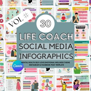 Puede incluir: Un collage de 30 infograf&iacute;as coloridas para redes sociales para coaches de vida. Las infograf&iacute;as presentan ilustraciones de personas meditando, afirmaciones y consejos para el crecimiento espiritual, la manifestaci&oacute;n y la abundancia. El texto "VOL # 30 LIFE COACH SOCIAL MEDIA INFOGRAPHICS" se muestra en una fuente grande.