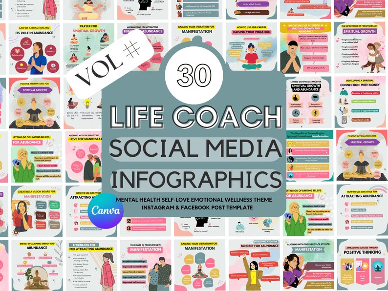 Puede incluir: Un collage de 30 infograf&iacute;as coloridas para redes sociales para coaches de vida. Las infograf&iacute;as presentan ilustraciones de personas meditando, afirmaciones y consejos para el crecimiento espiritual, la manifestaci&oacute;n y la abundancia. El texto "VOL # 30 LIFE COACH SOCIAL MEDIA INFOGRAPHICS" se muestra en una fuente grande.
