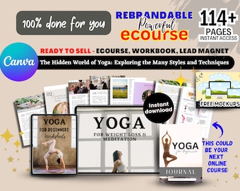 May include: A digital product mockup for an online yoga course. The image shows a tablet with a yoga course title, "Yoga for Beginners Worksheets", and a journal with the title "Yoga for Beginners Journal". The image also includes a cloud with three devices, a laptop, a tablet, and a phone, with the text "Free Mockups". The text "114+ Pages Instant Access" is also visible in the image.
