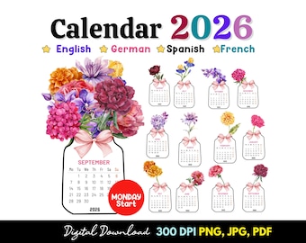 Blumenkalender 2026 – Englisch | Deutsch | Spanisch | Französisch | Digitaler Download
