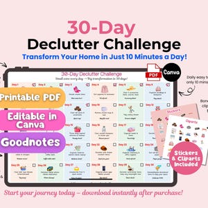 Könnte beinhalten: Ein digitaler 30-Tage-Entrümpelungs-Challenge auf einem Tablet, mit rosa Hintergrund. Die Challenge beinhaltet tägliche Aufgaben, ein druckbares PDF, bearbeitbares Canva und Goodnotes-Optionen. Bonus-Aufkleber und Cliparts sind enthalten.