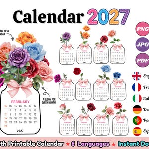 May include: A 2027 printable desk calendar featuring twelve monthly pages. Each page displays a mason jar illustration topped with a pink bow and a unique floral arrangement of roses in various colors. Includes text labels for file formats and languages.