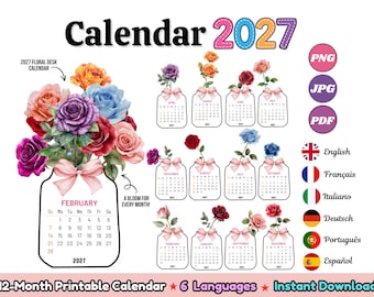May include: A 2027 printable desk calendar featuring twelve monthly pages. Each page displays a mason jar illustration topped with a pink bow and a unique floral arrangement of roses in various colors. Includes text labels for file formats and languages.