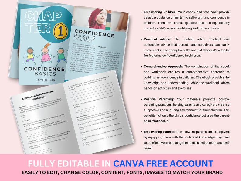 "Nurture self-worth and confidence in your child with our editable ebook workbook bundle. Canva-compatible for easy customization. Unlock potential, and even sell and rebrand! Ideal for parents and educators. #EmpowerKids"