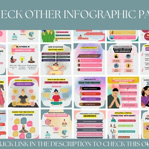 Puede incluir: Un conjunto de 16 tarjetas de infograf&iacute;a coloridas con consejos para atraer la abundancia, la manifestaci&oacute;n, el crecimiento espiritual y elevar tus vibraciones. Las tarjetas presentan ilustraciones de personas meditando y practicando la gratitud.