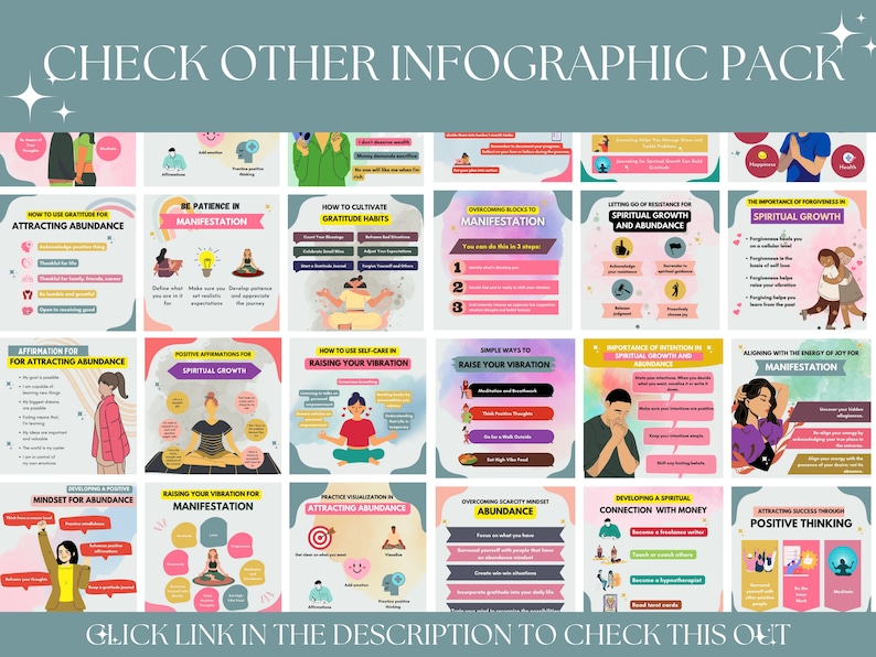 Puede incluir: Un conjunto de 16 tarjetas de infograf&iacute;a coloridas con consejos para atraer la abundancia, la manifestaci&oacute;n, el crecimiento espiritual y elevar tus vibraciones. Las tarjetas presentan ilustraciones de personas meditando y practicando la gratitud.