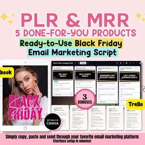 May include: A digital marketing product bundle for Black Friday featuring 5 done-for-you email marketing scripts, 3 bonus templates, and a Trello board. The bundle includes pre-sale emails, sale launch emails, abandoned cart recovery emails, and last-chance reminder emails. The product is editable in Canva.