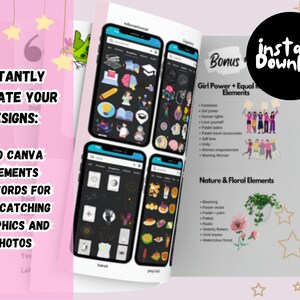 May include: A digital product listing for 500 Canva elements, keywords for eye-catching graphics and photos. The listing includes a bonus section with Girl Power + Equal Rights elements and Nature & Floral elements.