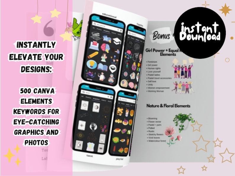 May include: A digital product listing for 500 Canva elements, keywords for eye-catching graphics and photos. The listing includes a bonus section with Girl Power + Equal Rights elements and Nature & Floral elements.