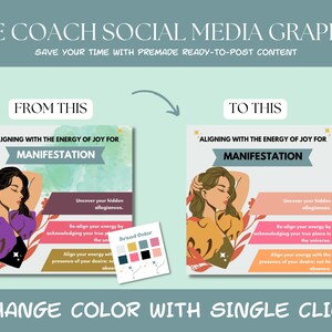 Puede incluir: Una plantilla de dise&ntilde;o gr&aacute;fico para redes sociales con una mujer de cabello largo y un fondo colorido. El texto "Aligning with the energy of joy for manifestation" se muestra en negrita. La plantilla incluye una paleta de colores para la personalizaci&oacute;n.