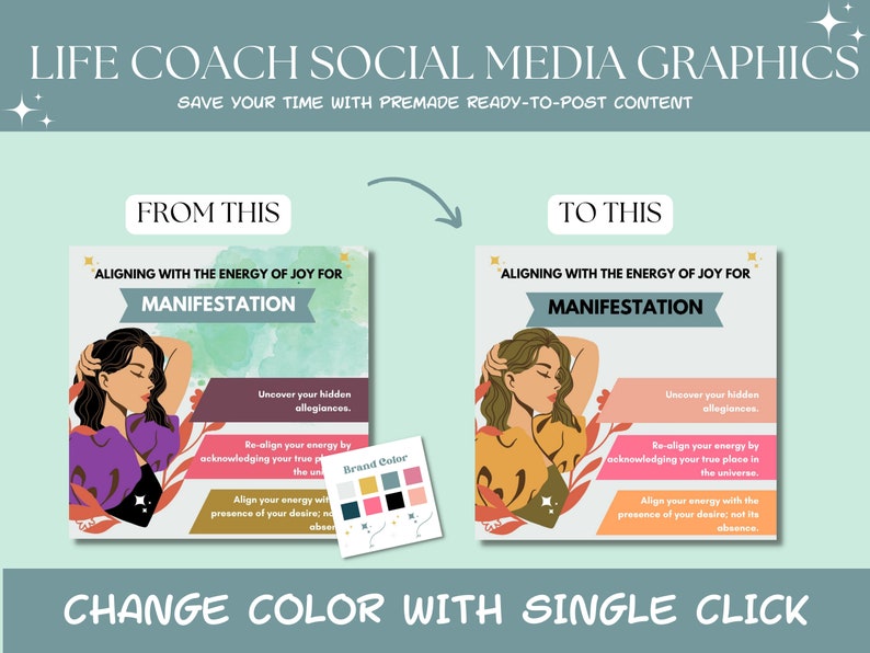 Puede incluir: Una plantilla de dise&ntilde;o gr&aacute;fico para redes sociales con una mujer de cabello largo y un fondo colorido. El texto "Aligning with the energy of joy for manifestation" se muestra en negrita. La plantilla incluye una paleta de colores para la personalizaci&oacute;n.
