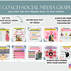 Puede incluir: Una colecci&oacute;n de 15 gr&aacute;ficos coloridos para redes sociales para coaches de vida. Cada gr&aacute;fico presenta un tema diferente relacionado con el coaching de vida, como la abundancia, la manifestaci&oacute;n y la gratitud. Los gr&aacute;ficos est&aacute;n dise&ntilde;ados para ser utilizados en plataformas de redes sociales como Instagram y Facebook. El texto en los gr&aacute;ficos incluye frases como "Afirmaci&oacute;n para atraer la abundancia", "C&oacute;mo cultivar h&aacute;bitos de gratitud" y "El poder del perd&oacute;n en la manifestaci&oacute;n".