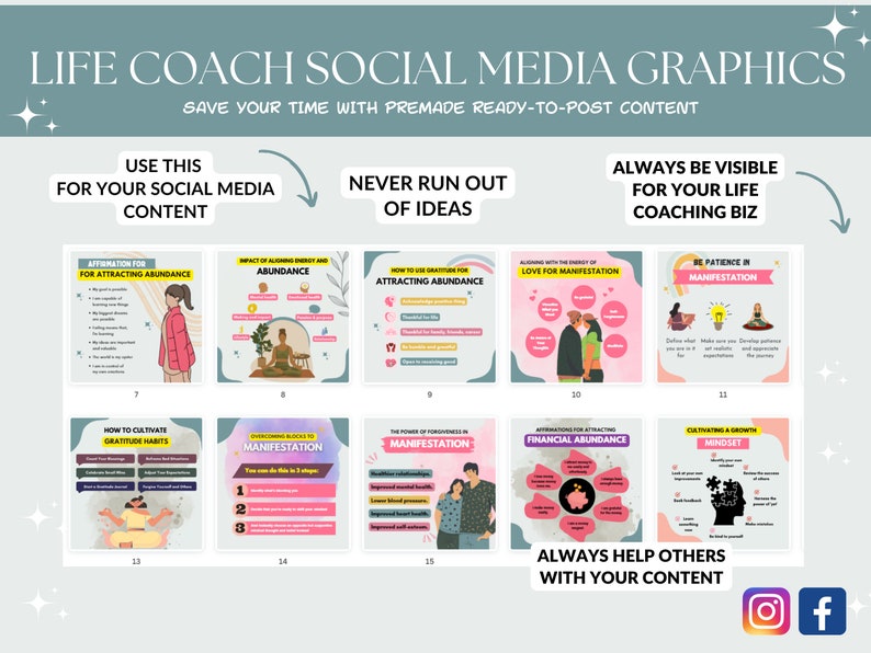 Puede incluir: Una colecci&oacute;n de 15 gr&aacute;ficos coloridos para redes sociales para coaches de vida. Cada gr&aacute;fico presenta un tema diferente relacionado con el coaching de vida, como la abundancia, la manifestaci&oacute;n y la gratitud. Los gr&aacute;ficos est&aacute;n dise&ntilde;ados para ser utilizados en plataformas de redes sociales como Instagram y Facebook. El texto en los gr&aacute;ficos incluye frases como "Afirmaci&oacute;n para atraer la abundancia", "C&oacute;mo cultivar h&aacute;bitos de gratitud" y "El poder del perd&oacute;n en la manifestaci&oacute;n".