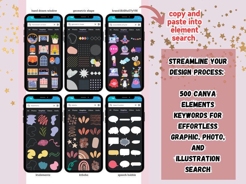 May include: A graphic showing a phone screen with a search bar and a list of 500 Canva elements keywords for graphic, photo, and illustration search. The keywords are organized into categories such as "hand drawn window", "geometric shape", "ktelements", "kiboho", and "speech bubble".