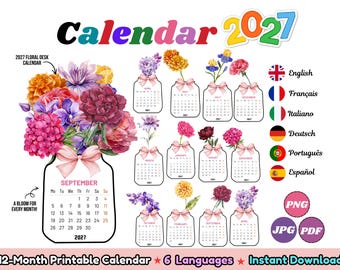 May include: A 2027 floral desk calendar featuring twelve monthly pages shaped like mason jars, each topped with a watercolor bouquet and a pink ribbon. The design includes text for months, days, and the year 2027, with icons for English, French, Italian, German, Portuguese, and Spanish, plus PNG, JPG, and PDF file format labels.