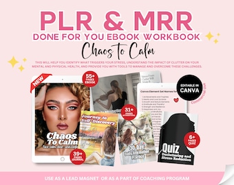 May include: A digital product bundle for managing stress and clutter. The bundle includes an ebook, journal, affirmation practice, and quiz. The cover images feature a woman with colorful makeup, a woman playing a violin, and a woman sitting by a lake. The text on the cover reads "Chaos to Calm".