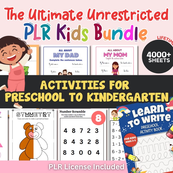 4000+ Preschool Pre-K + Kindergarten Learning Bundle, Preschool Printable, Alphabet, Numbers, Do a Dot, Shapes, Games, Coloring pages, PLR