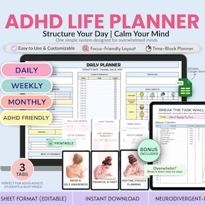 3-in-1 ADHD Digital Planner | Daily, Weekly & Monthly Layouts | Google Sheets Bundle | Instant Download