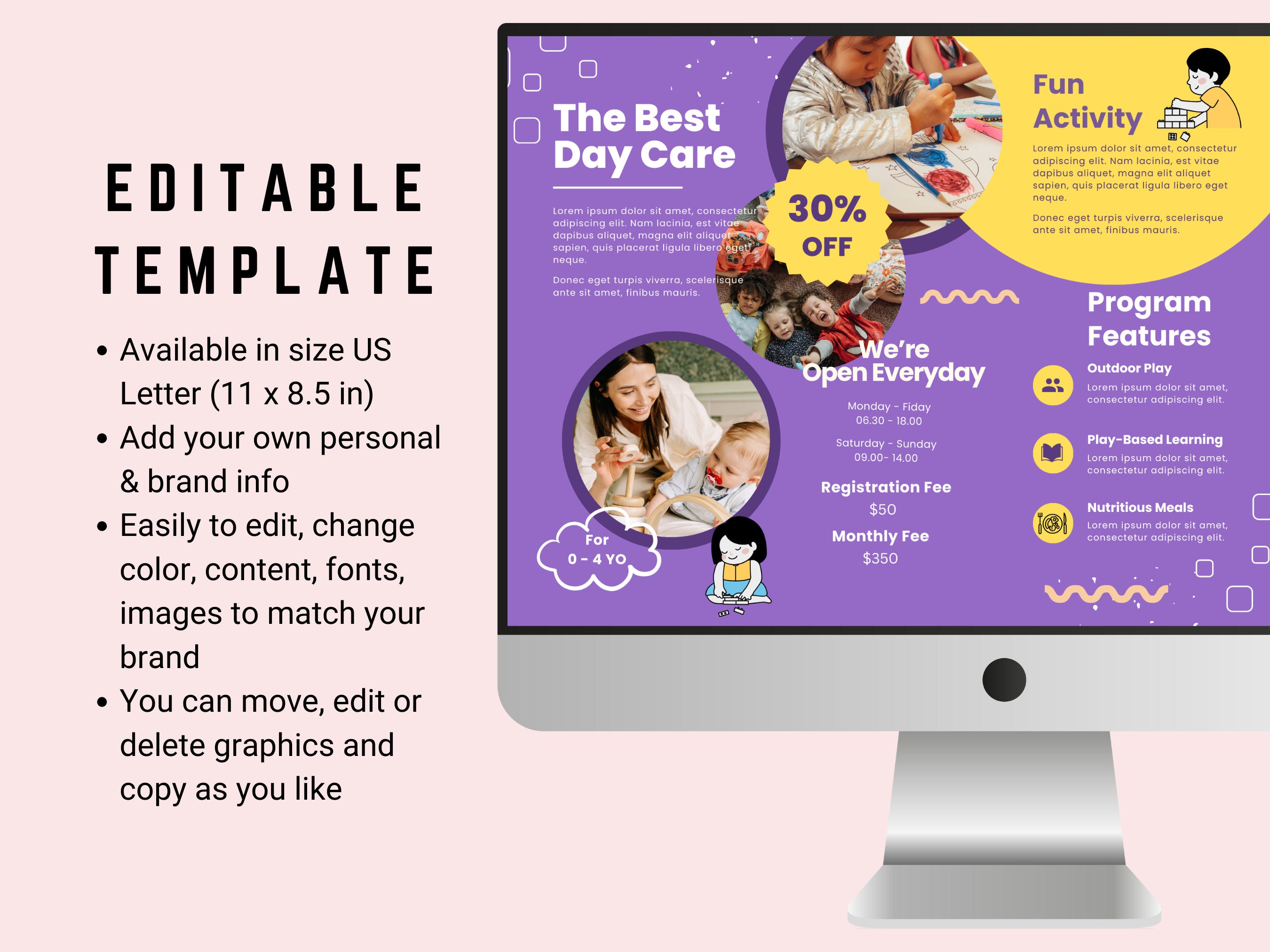 Editable Day Care Brochure Template Canva, Preschool Brochure
