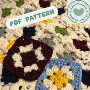 May include: A close-up of a crocheted blanket with a granny square pattern. The blanket is cream-colored with squares in various colors, including burgundy, blue, yellow, green, and gray. The text "PDF PATTERN" is overlaid on the image.