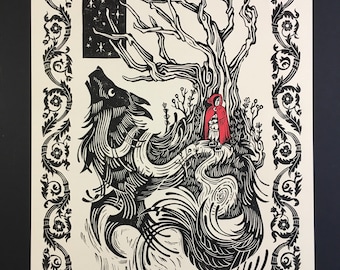 May include: Black and white woodcut print of a wolf and a girl in a red hooded cloak standing in a forest. The wolf is depicted as a large, menacing creature with sharp teeth and claws. The girl is small and vulnerable, but she is also determined. The print is framed by a decorative border.