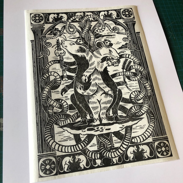Roi de rats - Linogravure sur papier de riz, bestiaire étrange