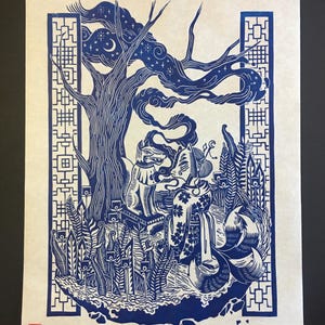 Linolschnitt - Kitsune - Reispapier, japanische Mythologie, Yokai