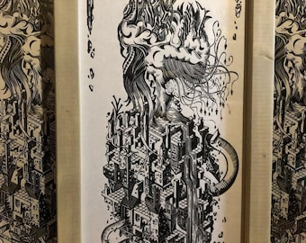 Peut inclure: Illustration en noir et blanc sur fond beige clair. L'œuvre représente un paysage urbain surréaliste avec des détails architecturaux complexes, des flammes et des créatures fantastiques. Le style rappelle un dessin détaillé à la plume et à l'encre.