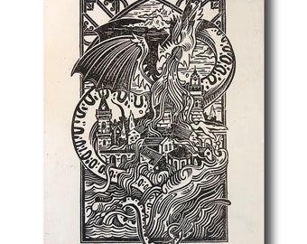 The Dragon of Draguignan - Linocut on ivory paper, A4 format