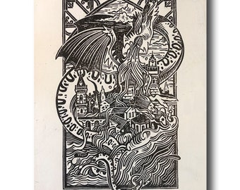 Le Dragon de Draguignan - Linogravure sur papier blanc, format A4