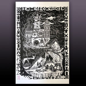 L’Isba - Linocut on white paper, large format 42 x 64 cm