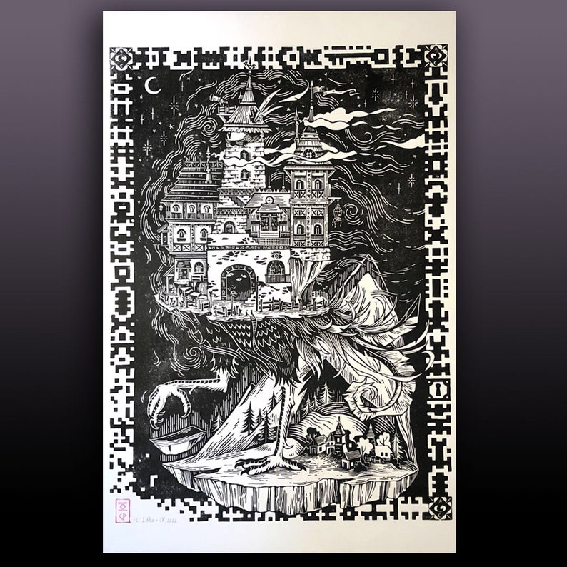 May include: Black and white woodcut print of a fantastical creature carrying a building on its back. The creature has a long neck, a beak, and feathery wings. The building is a multi-story structure with a pointed roof and windows. The print is framed by a border of repeating geometric patterns.