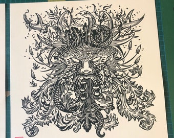 Green Man - Linogravure carrée