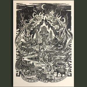 May include: Black and white woodcut print depicting a journey through a mountainous landscape. The print features a central structure with a large, ornate door, surrounded by smaller structures and figures. The scene is set against a backdrop of mountains, trees, and a crescent moon.