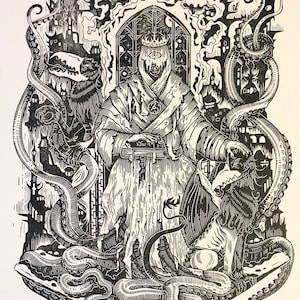 Linocut - Hastur, the King in Yellow - white paper, large format 42 x 64 cm