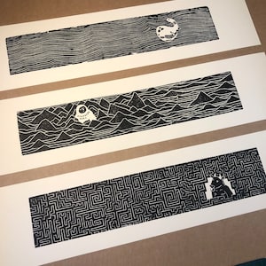 Mini-mythology frieze - Minotaur, Nessie, Yeti - Series of linocuts on ivory paper