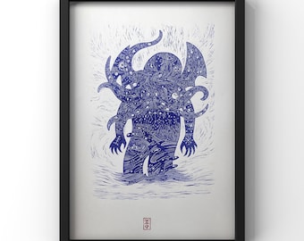 Cthulhu galaxie - Linogravure bleue ou noire sur papier blanc - grand format 42 x 64 cm