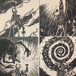 Könnte beinhalten: Vier Schwarz-Weiß-Illustrationen mit skelettartigen Figuren in verschiedenen Szenen. Eine zeigt ein Skelett mit Schwert und Stab unter einem Halbmond. Eine andere zeigt ein Skelett mit einer hohen Krone. Die dritte zeigt ein Skelett mit einem Monster. Die letzte zeigt ein Skelett in einer Spirale.