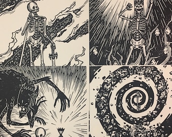 May include: Four black and white illustrations featuring skeletal figures in various scenes. One shows a skeleton with a sword and staff under a crescent moon. Another depicts a skeleton with a tall crown. The third shows a skeleton with a monster. The last shows a skeleton in a spiral.