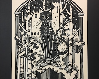 Linocut - Silver Cat - strange bestiary, ivory paper