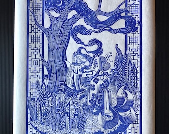 Kitsune - Linogravure sur papier de riz, mythologie japonaise, Yôkai