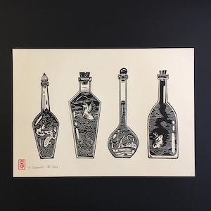 Linogravure - Potions 4 éléments - papier ivoire, format A3
