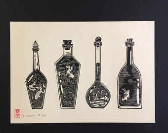 May include: Four black and white bottles with different creatures inside. The bottles are on a cream background. The text "J.G. Clements - OP 2014" is at the bottom of the image.