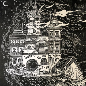 May include: A black and white woodcut illustration of a fantastical building with multiple towers and a crescent moon in the sky. The building is detailed with windows, doors, and a clock. The building is surrounded by swirling clouds and stars.
