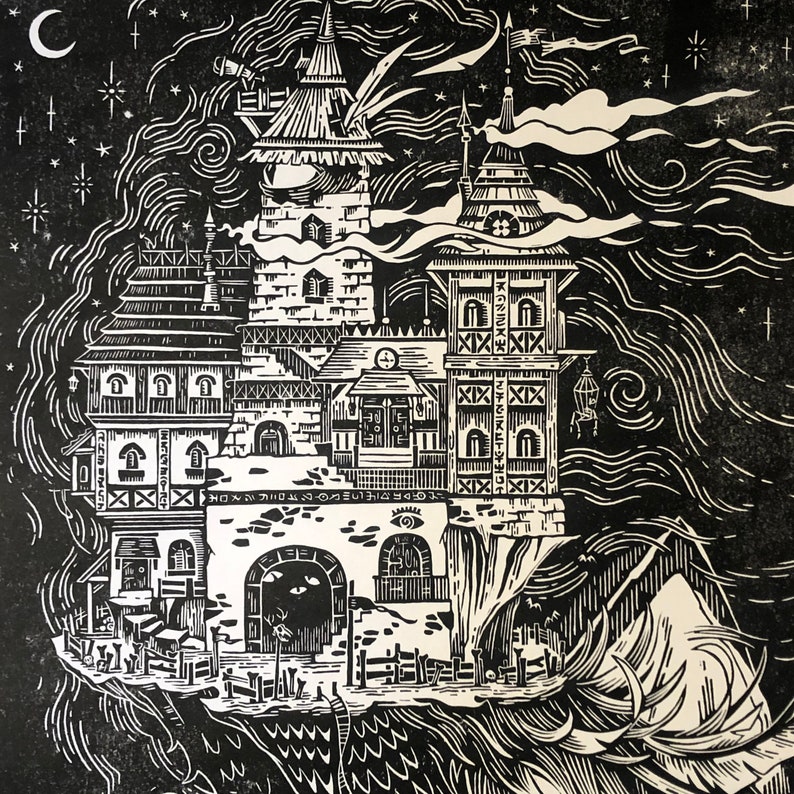 May include: A black and white woodcut illustration of a fantastical building with multiple towers and a crescent moon in the sky. The building is detailed with windows, doors, and a clock. The building is surrounded by swirling clouds and stars.