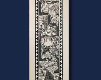 Peut inclure: Une estampe en noir et blanc représentant trois figures disposées verticalement. La figure du haut est une femme qui tend la main vers un ciel étoilé. La figure du milieu est une femme tenant un bâton et regardant vers le bas. La figure du bas est une femme assise sur un rocher avec un arbre qui pousse dessus. L'estampe est encadrée par une bordure de motifs géométriques répétitifs.