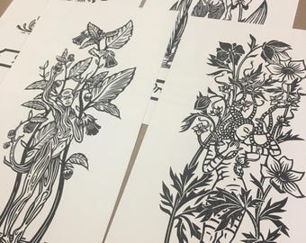 Linocut - Mythological Herbarium - Series of linocuts on ivory paper - size 14x29.7 cm