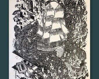 May include: A black and white woodcut print of a ship sailing through a swirling sea of clouds and buildings. The ship has three masts and sails, and the buildings are in a variety of shapes and sizes. The print is full of detail and texture, and it creates a sense of movement and energy.